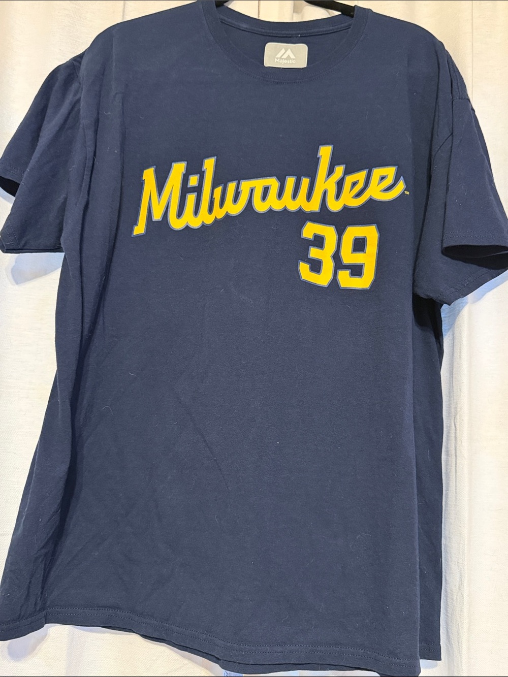 Majestic Navy Short Sleeve Milwaukee Script Tee with Yellow Number